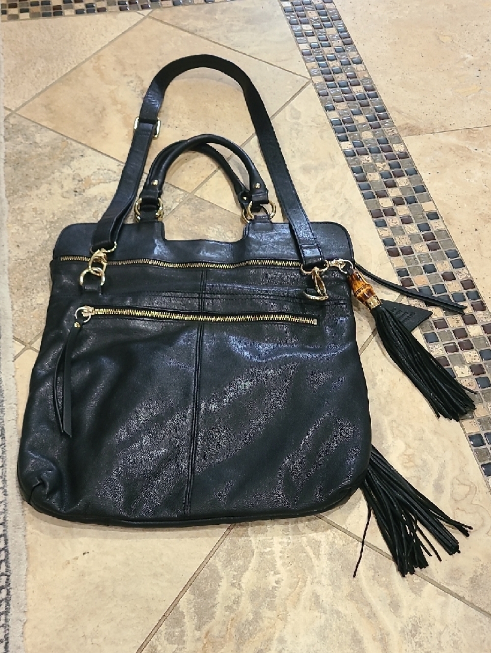 Sorial New York Black Leather Tote Bag with Tassel Accents - Picture 6 of 11